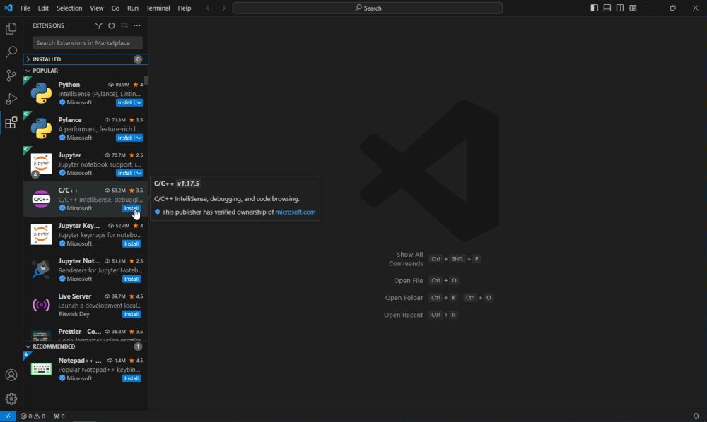 Installing the VSCode C/C++ extension