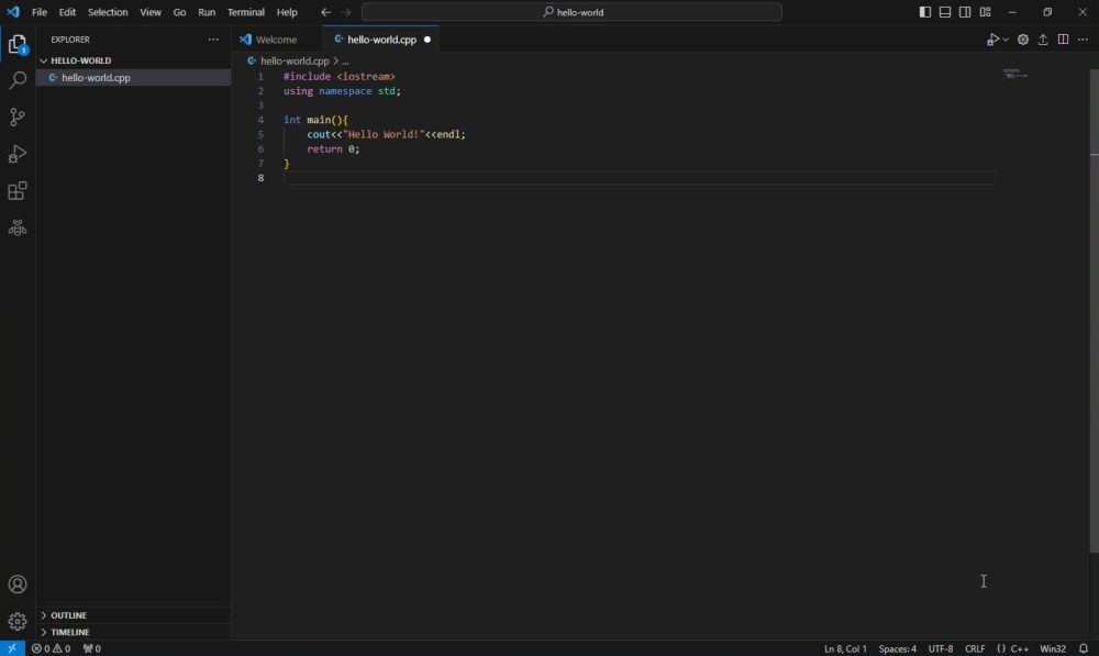 VSCode - New C++ project: Add the C++ code to the .cpp file opened in the Editor window