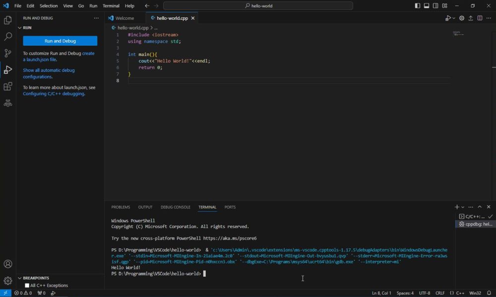 VSCode - Building a C++ project: Program output in the 'Terminal' window