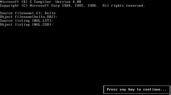 Installing and running Microsoft C Compiler on Windows 1.04: Successful compilation