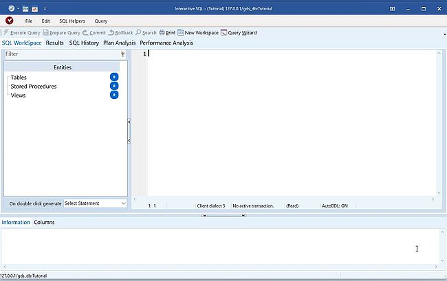 InterBase on Windows 11: IBConsole - Interactive SQL page of the newly created 'Tutorial' database