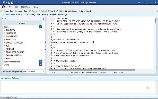 InterBase on Windows 11: IBConsole - Creating the tables of the 'Tutorial' database using an SQL script