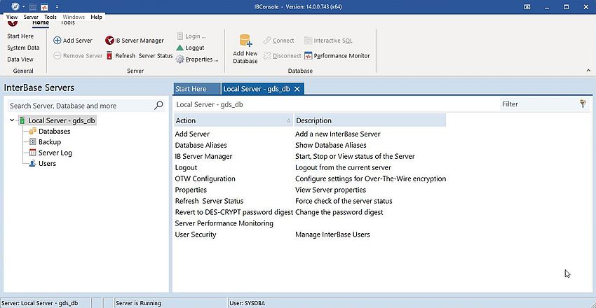 InterBase on Windows 11: IBConsole - Local server instance page