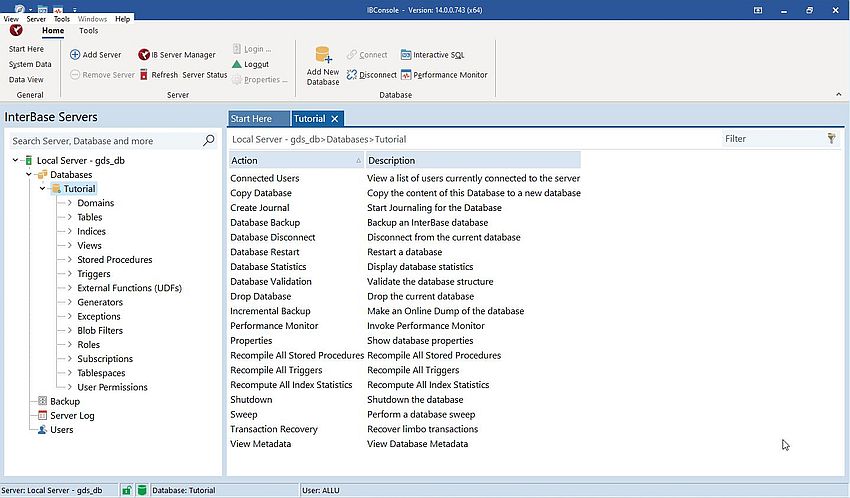 InterBase on Windows 11: IBConsole - Main page of the 'Tutorial' database
