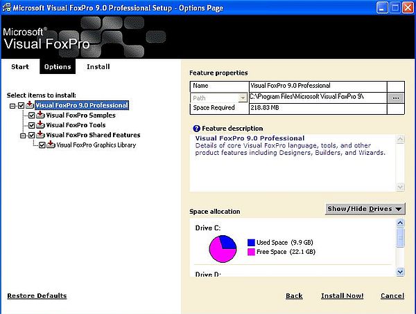 Visual FoxPro 9 on Windows XP: VFP 9 installation - Install options