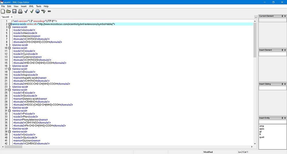 XML document opened in the freeware application 'XML Copy Editor'