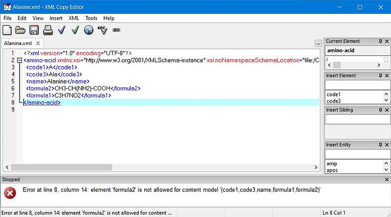 XML Copy Editor: Invalid XML document (validated against an XML schema)