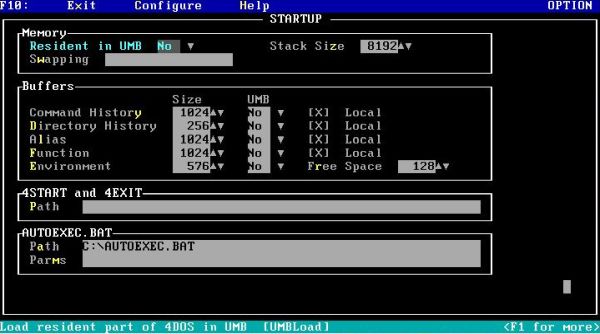 4DOS on FreeDOS: Configuration utility  - Startup screen (Default settings)