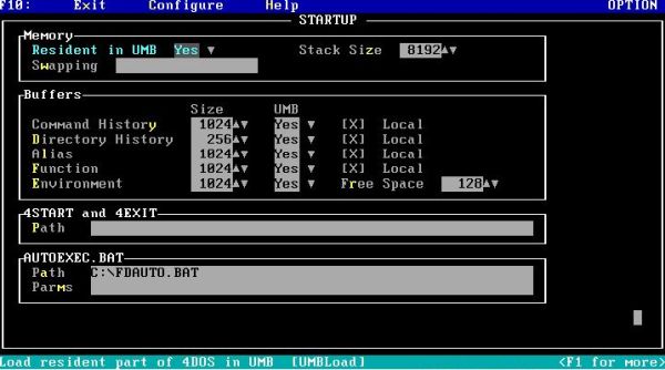 4DOS on FreeDOS: Configuration utility - Startup screen (Custom FreeDOS settings with everything loaded into high memory)