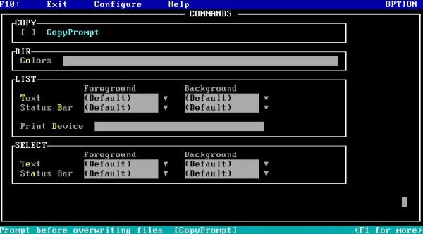 4DOS on FreeDOS: Configuration utility - Commands screen