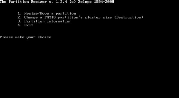 FreeDOS repartitioning: PResizer - choosing to resize/move a partition