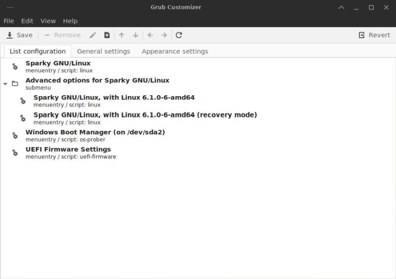 GRUB configuration: GRUB boot menu displayed in 'GRUB Customizer'