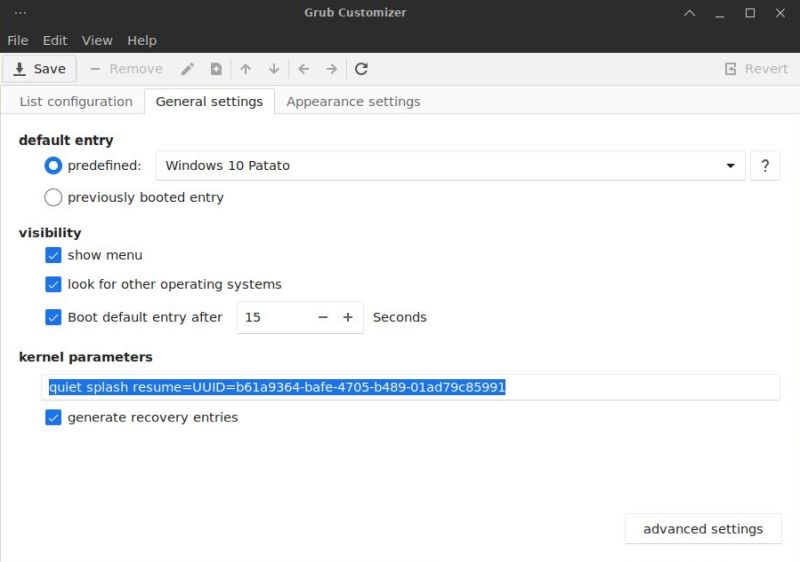 GRUB configuration: General boot settings in 'GRUB Customizer'