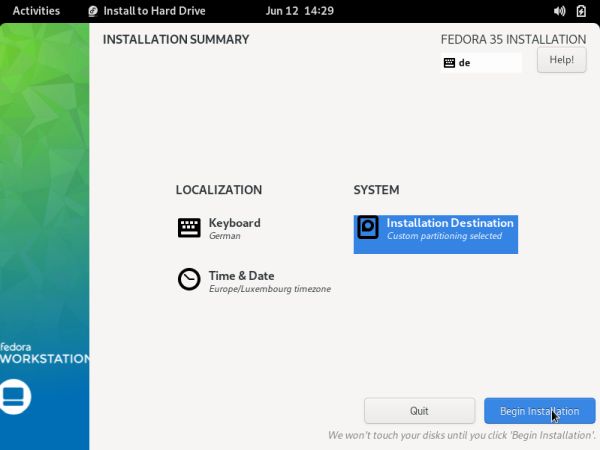 Fedora installation: Starting the installation to harddisk