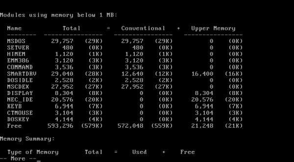 MS-DOS 6.22 memory usage: Conventional and upper memory details
