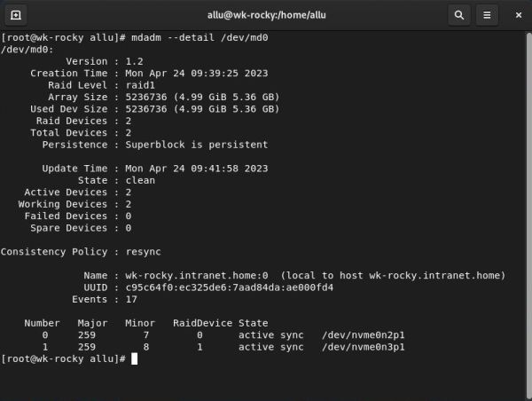 Installation of a RAID 1 on Rocky Linux: RAID details