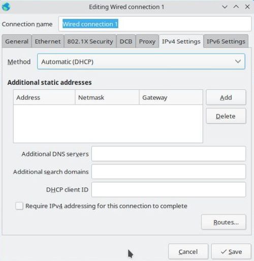 Slackware networking: Advanced Network Editor - IPv4 settings of the Ethernet connection