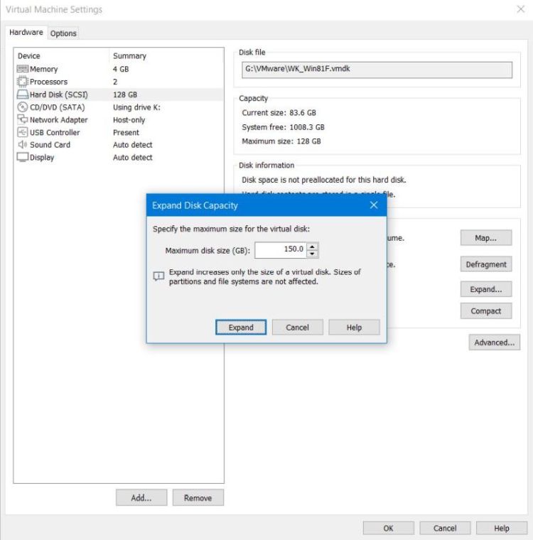 VMware virtual disk expansion: Input of new disk size