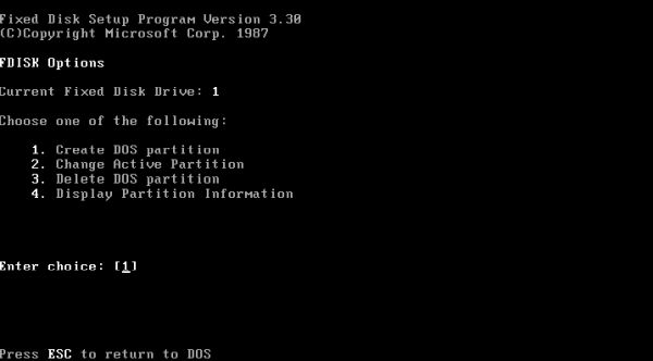 Windows 1.x and 2.x installation on VMware: fdisk - Choosing to create a DOS partition