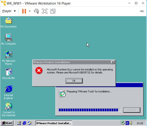 Windows 2000 installation on VMware: Abortion of VMware Tools setup