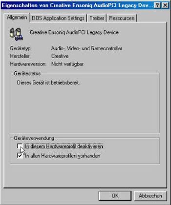 Windows 98: Device Manager - Disabling the 'Creative Ensoniq AudioPCI Legacy Device' to make available interrupt 07