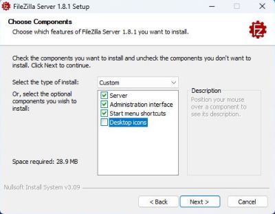 FileZilla Server on Windows 11: Installation - Choosing the components to be installed