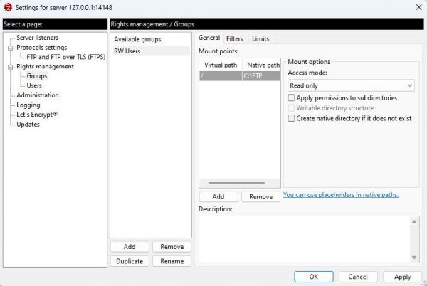 FileZilla Server on Windows 11: Configuration - Setting up the mount points [1]