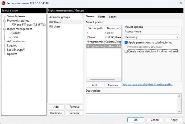 FileZilla Server on Windows 11: Configuration - Setting up the mount points [3]