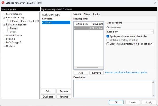 FileZilla Server on Windows 11: Configuration - Setting up the mount points [4]