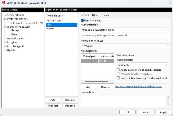 FileZilla Server on Windows 11: Configuration - Setting up the mount points [5]