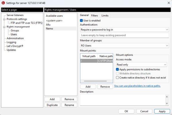 FileZilla Server on Windows 11: Configuration - Setting up the mount points [6]