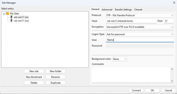 FileZilla Server on Windows 11: FileZilla Client connection setup