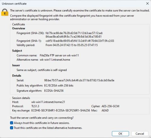 FileZilla Server on Windows 11: Connecting to the server using FileZilla Client (certificate display)