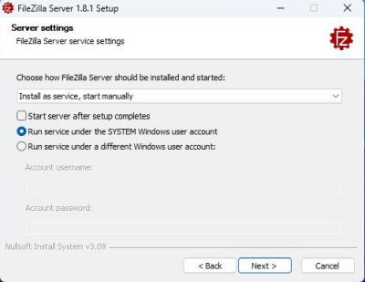 FileZilla Server on Windows 11: Installation - Service configuration
