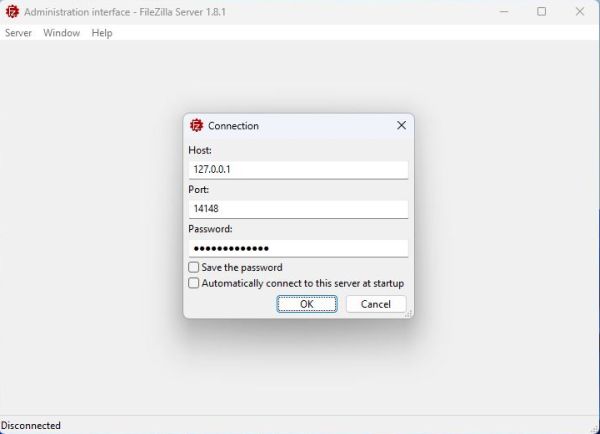 FileZilla Server on Windows 11: Configuration - Login to the Administration interface