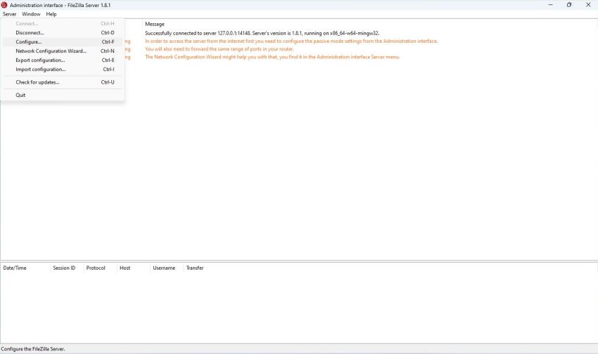 FileZilla Server on Windows 11: Configuration - Main page of the Administration interface