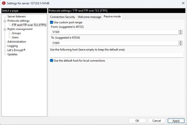 FileZilla Server on Windows 11: Configuration - Setting the passive mode port range
