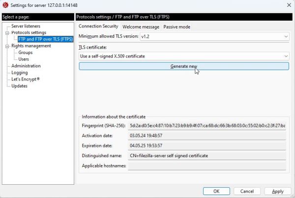 FileZilla Server on Windows 11: Configuration - Generation of a new certicicate [1]