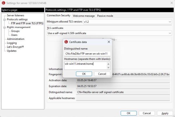 FileZilla Server on Windows 11: Configuration - Generation of a new certicicate [2]