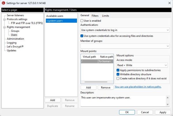 FileZilla Server on Windows 11: Configuration - The Administration interface user rights management page