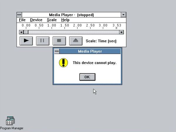 Windows 3.0 with Multimedia Extensions: Error message when trying to play a wave audio file when no driver is installed