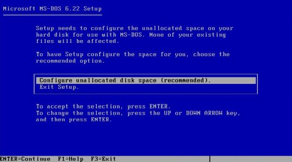 Windows 3.0 with Multimedia Extensions: Choosing to configure the unallocated space for the installation of MS-DOS