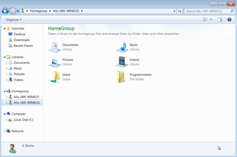 Windows 7: One computer homegroup shares in File Explorer