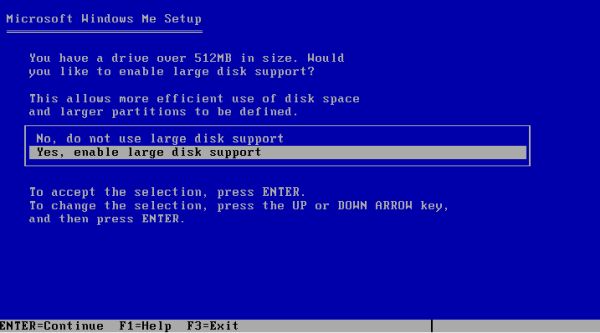 Windows Me installation: Enabling large disk support