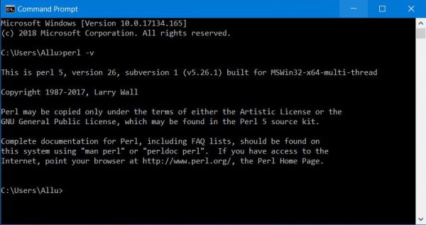 Windows Command Prompt: Perl version number