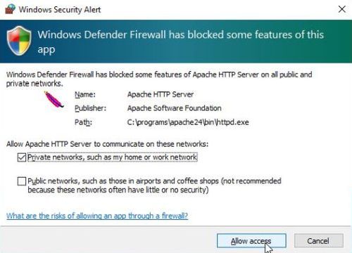 Security alert of Windows Defender Firewall, when trying to start the Apache service