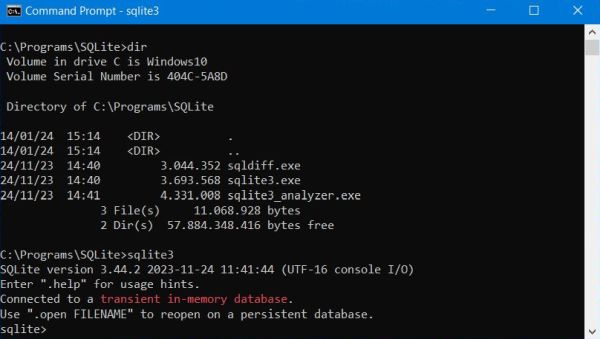 SQLite on Windows: Execution of the database client sqlite3.exe