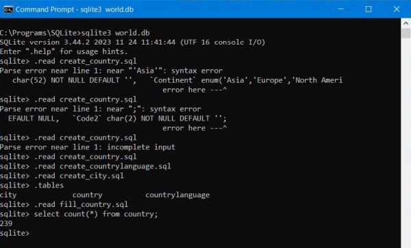 SQLite on Windows: Creating the 'world' database, using the sqlite3 client