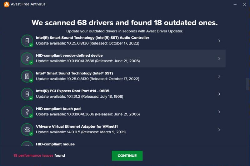 Avast Antivirus warning that there are 18 outdated drivers