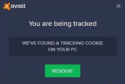 Avast Antivirus popup saying that it has found a tracking cookie